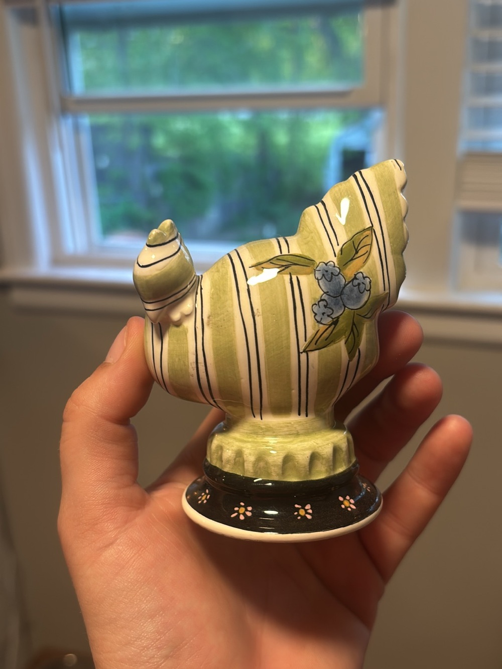 2003 Ceramic Rooster Figurine - Green Stripe with Blue Floral Accent